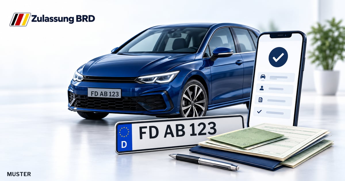Online Fahrzeugzulassung in Neuhof: Musterkennzeichen FD AB 123, Auto und Fahrzeugpapiere und Smartphone. Illustration mit Logo von Zulassung BRD.